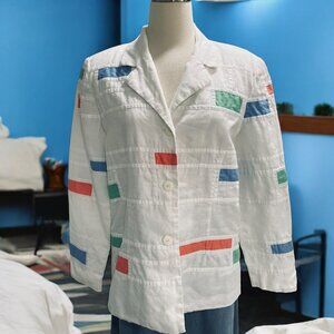 Patchington Linen Blazer Womens Sz 8 White Colorblock Retro Y2K Coastal Grandma